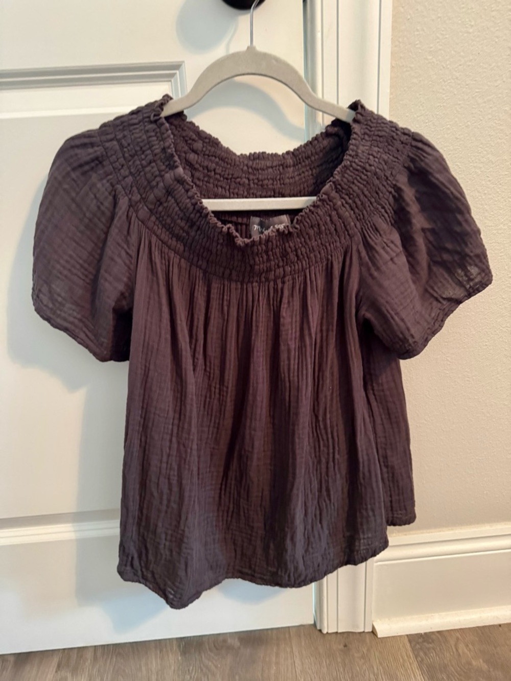Michael Stars Smocked Square-Neck Peasant Top in Gray